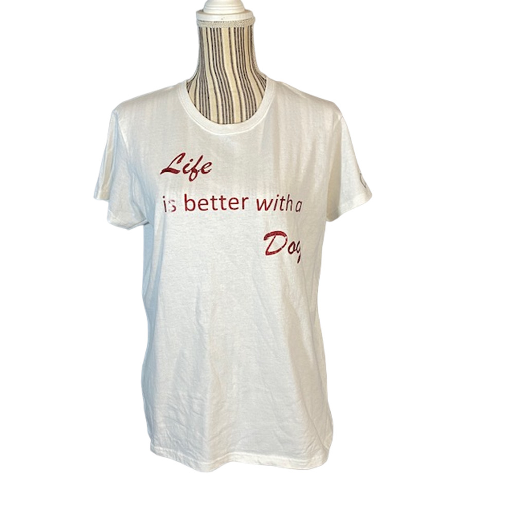 Gildan White Life is Better With Dogs Short Sleeve Cotton T-Shirt Women Sz L